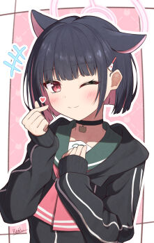 Rule 34 | +++, 1girl, animal ears, artist name, black choker, black hair, black hoodie, blue archive, blush, cat ears, choker, closed mouth, colored inner hair, commentary request, extra ears, finger heart, green sailor collar, halo, hand on own chest, heart, highres, hood, hood down, hoodie, kazusa (blue archive), long sleeves, looking at viewer, multicolored hair, neckerchief, one eye closed, outline, pink hair, pink neckerchief, red eyes, reel (reel illust), sailor collar, short hair, sidelocks, smile, solo, upper body, white outline