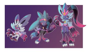 1girl :3 absurdres age_progression animal_feet animal_hands animal_nose arm_at_side artist_name bandaid bandaid_on_face bandaid_on_nose body_fur border buck_teeth chest_jewel cinderace claws closed_mouth covered_mouth female_focus flat_chest forehead_jewel full_body furry furry_female fusion gem gen_8_pokemon gradient_background grey_fur half-closed_eyes hand_up happy highres hisuian_sneasel looking_to_the_side multicolored_fur multiple_views nintendo orange_gemstone outline outside_border pink_eyes pink_fur pokemon pokemon_(creature) purple_background purple_fur rabbit_ears rabbit_girl raboot scorbunny simple_background sitting smile sneasler standing tabbz tail teeth twitter_username watermark white_border white_outline