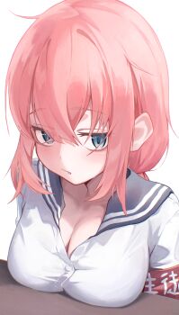 1girl absurdres aqua_eyes armband breast_rest breasts cleavage commentary_request grey_sailor_collar highres large_breasts looking_at_viewer michinoku_komaro nene_(neneeeeeillust) no_dickey parted_lips partial_commentary pink_hair sailor_collar school_uniform seitokai_ni_mo_ana_wa_aru! serafuku shirt solo white_shirt