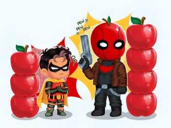 bat_signal batman_(series) batman_symbol black_bodysuit black_gloves black_hair bodysuit brown_jacket chibi dc_comics domino_mask eye_mask gloves grey_bodysuit highres holding jacket jason_todd male_focus mask multicolored_bodysuit multiple_boys muscular muscular_male open_clothes pants red_hood_(dc) red_hood_and_the_outlaws red_mask robin_(dc) short_hair superhero_costume taut_bodysuit two-tone_bodysuit ye_artt