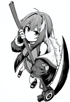 1girl absurdres arknights bare_shoulders blunt_bangs closed_mouth commentary_request eyes_visible_through_hair fingerless_gloves from_above full_body fur-trimmed_jacket fur-trimmed_sleeves fur_trim gloves greyscale hair_intakes hair_ornament hairclip highres holding holding_scythe holding_weapon jacket la_pluma_(arknights) long_sleeves looking_at_viewer makigirisu monochrome multicolored_hair off_shoulder open_clothes open_jacket scythe short_hair simple_background solo standing strap streaked_hair weapon white_background