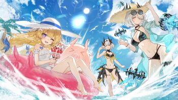 >_< 3girls absurdres arm_strap bangle bikini bird black_bikini black_choker blonde_hair blue_bow blue_eyes blue_skirt blunt_bangs blush bow bracelet braid choker cloud cloudy_sky commentary_request drooling duet_night_abyss eyewear_on_head filbert_(duet_night_abyss) food fruit grey_hair hair_between_eyes hair_ornament hair_over_one_eye hat hidulume highres holding holding_food innertube jellyfish jewelry lens_flare long_hair multiple_girls navel ocean one-piece_swimsuit one_eye_closed open_clothes open_mouth outdoors palm_tree parfait pig psyche_(duet_night_abyss) rebecca_(duet_night_abyss) seagull short_eyebrows short_hair single_braid sitting skirt sky smile standing star_(symbol) star_in_eye stomach straw_hat strawberry sun sun_hat sunglasses swim_ring swimsuit symbol_in_eye thigh_strap tree truffle_(duet_night_abyss) twintails wading white_one-piece_swimsuit yellow_bikini yellow_eyes