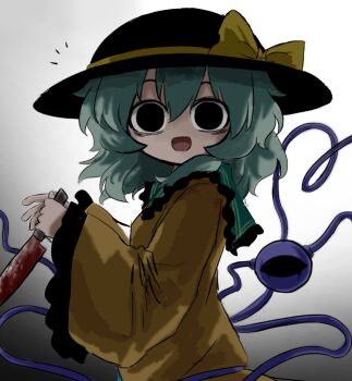 1girl bags_under_eyes black_eyes black_hat blood bloody_knife eyeball frilled_shirt_collar frilled_sleeves frills green_hair hat hat_ribbon heart heart_of_string heripantomorrow holding holding_knife knife komeiji_koishi ribbon shirt smile solo third_eye touhou wide_sleeves yellow_ribbon yellow_shirt