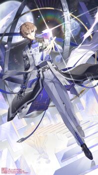 1boy absurdres blue_eyes blue_shirt brown_hair coat commentary_request cube dutch_angle full_body highres hisehisekin id_card looking_at_object male_focus mechanical_arms mechanical_hands open_hand pants parted_lips planet shirt short_hair single_mechanical_arm single_mechanical_hand solo tacet_mark_(wuthering_waves) twitter_username white_coat white_pants wuthering_waves xiangli_yao_(wuthering_waves)