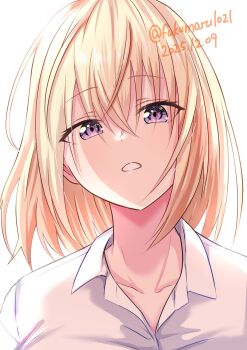 Rule 34 | 1girl, bang dream!, bang dream! it's mygo!!!!!, blonde hair, commentary, fukumaru1021, hair between eyes, highres, medium hair, misumi uika, open mouth, portrait, purple eyes, shirt, simple background, solo, white background, white shirt