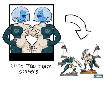 2girls absurdres arrow_(symbol) battlesuit blue_skin bodysuit breasts colored_skin commentary english_commentary english_text frown highres japvs large_breasts looking_at_another looking_to_the_side multiple_girls short_hair siblings simple_background sisters smile t'au t'au_battlesuit t'au_drone tagme twins warhammer_40k white_background white_hair