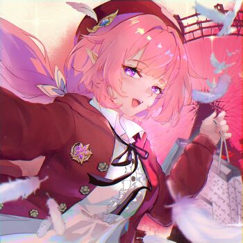 Rule 34 | 1girl, alternate costume, amusement park, bag, beret, bird, breasts, chinese commentary, commentary request, diamond-shaped pupils, diamond (shape), dove, elf, elysia (hi love elf) (honkai impact), elysia (honkai impact), falling feathers, feathers, ferris wheel, hat, highres, holding, holding bag, honkai (series), honkai impact 3rd, jacket, long hair, looking at viewer, medium breasts, pink hair, pointy ears, procreate (medium), purple eyes, red jacket, shirt, smile, solo, symbol-shaped pupils, very long hair, white shirt, zhiyingnianling