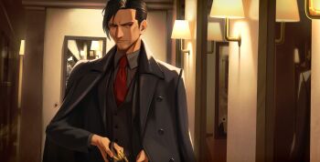 1boy black_eyes black_hair black_jacket black_shirt black_vest closed_mouth coat collared_shirt commentary_request formal_clothes gun handgun highres holding holding_gun holding_weapon indoors jacket jacket_on_shoulders kis_sako lamp looking_at_viewer male_focus mature_male necktie original red_necktie revolver shirt short_hair solo suit vest weapon