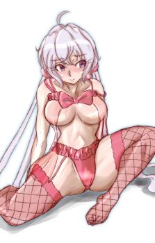 Rule 34 | 1girl, ahoge, bob cut, breasts, cleavage, commentary request, cropped, crossed bangs, double-parted bangs, fishnet pantyhose, fishnets, foot out of frame, garter belt, garter straps, hair between eyes, highres, kneeling, large breasts, long hair, nbg067149991176, panties, pantyhose, pink panties, purple eyes, senki zesshou symphogear, sideboob, simple background, sleepwear, solo, spread legs, twintails, underwear, very long hair, white background, white hair, yukine chris