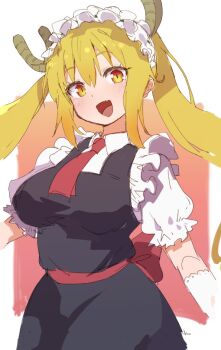 1girl :d black_dress blonde_hair blush breasts dragon_girl dragon_horns dress fang frills gloves horns jaggy_lines jamir kobayashi-san_chi_no_maidragon large_breasts long_hair looking_at_viewer maid maid_headdress necktie open_mouth orange_eyes pinafore_dress puffy_short_sleeves puffy_sleeves red_necktie shirt short_sleeves sleeveless sleeveless_dress slit_pupils smile solo tohru_(maidragon) twintails white_gloves white_shirt