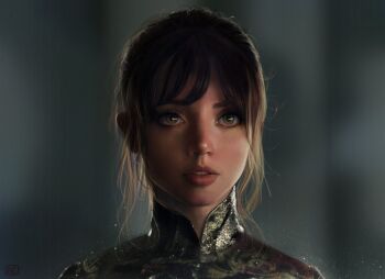 1girl ana_de_armas artist_request blade_runner_(series) blade_runner_2049 brown_eyes brown_hair china_dress chinese_clothes cyberpunk dress eyebrows fake_screenshot joi lips looking_at_viewer photorealistic realistic science_fiction signature smile source_request