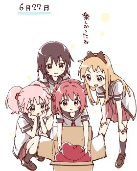 4girls :d ahoge akaza_akari beret blonde_hair blue_eyes blush_stickers bow box brown_bow brown_eyes brown_hair brown_sailor_collar brown_shoes brown_socks cardboard_box closed_mouth double_bun dress full_body funami_yui hair_bobbles hair_bow hair_bun hair_ornament hands_on_own_knees hashtag-only_commentary hat highres long_hair multiple_girls namori nanamori_school_uniform open_mouth pink_hair pleated_dress purple_eyes red_dress red_hair red_hat sailor_collar school_uniform shirt shoes short_hair short_sleeves short_twintails simple_background smile socks squatting standing summer_uniform toshinou_kyouko translation_request twintails unworn_hat unworn_headwear v-shaped_eyebrows white_background white_shirt yoshikawa_chinatsu yuruyuri