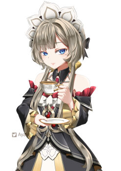 1girl absurdres ayayayume black_dress blue_eyes brown_hair commentary_request cup detached_collar detached_sleeves dress frilled_dress frills genshin_impact highres holding holding_cup holding_plate long_sleeves plate sandrone_(genshin_impact) simple_background solo teacup white_background wide_sleeves