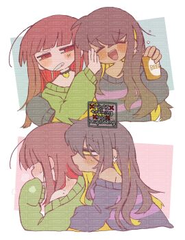 2girls anger_vein back_blush beer_can blonde_hair blue_sweater blush blush_stickers breasts brown_hair can chara_(undertale) closed_eyes colored_inner_hair commentary_request dark-skinned_female dark_skin drink_can drunk ear_blush earrings frisk_(undertale) genderswap genderswap_(otf) green_sweater highres hug hug_from_behind jewelry long_hair long_sleeves looking_at_another mr0x0 multicolored_hair multiple_girls open_mouth purple_sweater pushing_away red_eyes shirt smile sweater too_many_watermarks undertale unusually_open_eyes utdr_(toby_fox) watermark watermark_grid yellow_sweater yuri