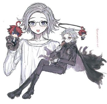 2boys ahoge aotsuki_eito black_cape black_gloves black_hair blue_eyes blush cape chibi closed_mouth collarbone eating eyebrows eyelashes food full_body glasses gloves halo hand_up highres holding holding_chibi holding_food holding_ice_cream ice_cream last_defense_academy_school_uniform looking_at_viewer male_focus messy_hair multicolored_hair multiple_boys multiple_views open_mouth parted_hair red_hair sumino_takumi teeth the_hundred_line_-last_defense_academy- upper_teeth_only white_background white_hair