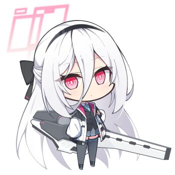 1girl aliasing arm_at_side black_bow black_hair black_hairband black_jacket black_shoes black_thighhighs blue_archive blush bow bright_pupils buttons chibi chibi_only chinese_commentary closed_mouth collared_shirt commentary_request dot_mouth expressionless eyes_visible_through_hair full_body fuyou_lev grey_skirt hair_between_eyes hair_bow hairband half_updo halo highres holding_strap jacket kei_(blue_archive) long_bangs long_hair long_hair_between_eyes long_sleeves looking_at_viewer making-of_available mixed-language_commentary multicolored_jacket open_clothes open_jacket partial_commentary pink_eyes pink_halo pink_jacket pleated_skirt puffy_long_sleeves puffy_sleeves railgun rectangular_halo ringed_eyes shirt shoes sidelocks simple_background skirt solo standing thighhighs very_long_hair weapon white_background white_hair white_jacket white_pupils white_shirt