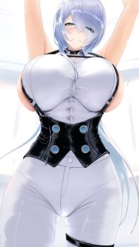 1girl absurdres arms_up black_corset blue_eyes blush breasts brid_(nikke) brid_(silent_track)_(nikke) chest_harness closed_mouth collared_shirt commentary corset dress_shirt english_commentary from_below gluteal_fold goddess_of_victory:_nikke hair_over_one_eye harness highres huge_breasts long_hair looking_at_viewer pants shirt sideboob sideless_shirt sleeveless sleeveless_shirt solo thigh_strap tight_clothes tight_pants txghostxt_ali very_long_hair white_hair white_pants white_shirt