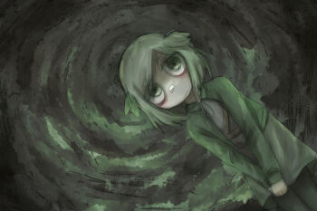 Rule 34 | 1girl, bags under eyes, bandaid, bandaid on face, bandaid on nose, belt, brown belt, closed mouth, green eyes, green jacket, grey hair, hair ornament, highres, jacket, leaf, leaf hair ornament, leaf on head, looking at viewer, mentha (menthalovely), mint (menthalovely), original, own hands together, shirt, short hair, solo, spiral, white shirt