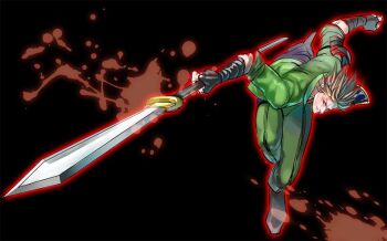 Rule 34 | 1boy, armor, black background, black gloves, brown hair, foreshortening, gloves, green jacket, green pants, jacket, japanese armor, male focus, otegine, oyatsu (hana), pants, polearm, red eyes, shoulder armor, sode, solo, spear, touken ranbu, weapon, yari