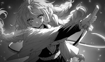 1girl 2ixkl18968 belt blood blood_on_face braid closed_mouth commentary_request demon_slayer_uniform fighting_stance greyscale haori highres holding holding_sword holding_weapon japanese_clothes kanroji_mitsuri kimetsu_no_yaiba light_particles long_hair long_sleeves looking_at_viewer mole mole_under_each_eye mole_under_eye monochrome multiple_braids multiple_moles serious simple_background solo sword tri_braids upper_body weapon whip_sword