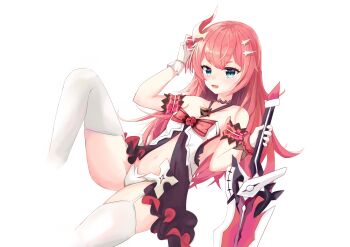 1girl absurdres ban_tang bare_shoulders black_dress breasts chinese_commentary commentary_request cropped_legs dress gloves highres holding holding_sword holding_weapon honkai_(series) honkai_impact_3rd horns long_hair looking_at_viewer panties pink_horns rozaliya_olenyeva simple_background single_horn small_breasts solo sword thighhighs underwear very_long_hair weapon white_background white_gloves white_panties white_thighhighs