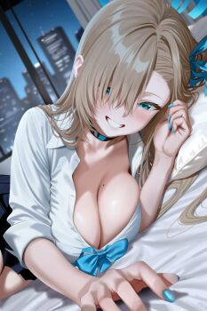 1girl absurdres asuna_(blue_archive) asuna_(school_uniform)_(blue_archive) asymmetrical_bangs bigpicklesman blue_archive blue_bow blue_bowtie blue_halo blue_nails blue_ribbon blue_scrunchie bow bowtie breasts choker cityscape hair_over_one_eye halo highres large_breasts long_hair looking_at_viewer loose_bowtie lying mole mole_on_breast night night_sky official_alternate_costume on_bed on_side pillow ribbon school_uniform scrunchie shirt sky sleeves_rolled_up smile solo white_shirt wrist_scrunchie