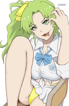 1girl absurdres artist_name bleach bleach:_sennen_kessen-hen blue_bow blue_bowtie bow bowtie candice_catnipp chair female_focus green_eyes green_hair highres licking_lips looking_at_viewer lxzvcr open_mouth panties quincy_(bleach) school_uniform side_ponytail simple_background skirt sternritter tongue tongue_out underwear white_background yellow_panties