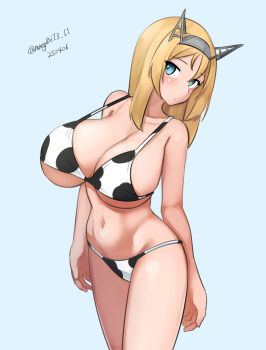 Rule 34 | 1girl, absurdres, alternate costume, animal print, aqua background, bikini, breasts, cleavage, cow print, cow print bikini, dated, highres, kantai collection, large breasts, maru (marg0613), nelson (kancolle), one-hour drawing challenge, print bikini, simple background, solo, standing, swimsuit, twitter username, white bikini