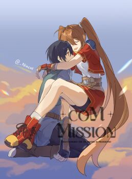 1boy 1girl ahoge antenna_hair arm_guards bike_shorts bike_shorts_under_skirt black_gloves black_hair blue_sky boots brown_gloves brown_hair closed_eyes cloud commission cropped_jacket double-parted_bangs eiyuu_densetsu english_text estelle_bright fingerless_gloves floating_hair gloves hair_between_eyes hair_intakes highres hug joshua_bright kneeling long_hair open_mouth s071c4evkc56194 shoes short_hair short_sleeves shorts shorts_under_skirt skirt sky smile sneakers sora_no_kiseki twintails twitter_username very_long_hair watermark