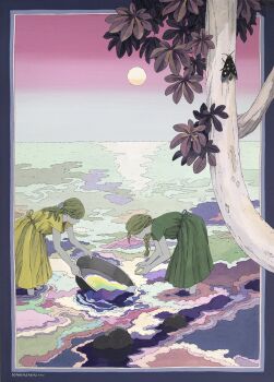 2girls abstract artist_name bad_tag blonde_hair braid braided_ponytail bug colorful commentary_request dress green_dress half_updo highres holding kawai_mai_(artist) leaf multiple_girls original rock scenery sky sun tree wading yellow_dress