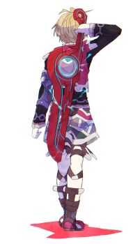 1boy blonde_hair colored_shadow from_behind full_body highres long_sleeves monado mugimugis shadow shorts shulk_(xenoblade) simple_background solo walking weapon weapon_on_back white_background xenoblade_chronicles_(series) xenoblade_chronicles_1
