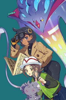 2girls adjusting_eyewear beak belt black-framed_eyewear black_bodysuit black_gloves black_hair black_sclera blush bodysuit bodysuit_under_clothes breasts brown_eyes brown_hair brown_jacket closed_mouth colored_sclera dark-skinned_female dark_skin emma_(pokemon) espurr gen_6_pokemon glasses gloves green_jacket hair_ornament harmony_(pokemon) hat highres holding holding_magnifying_glass holding_newspaper jacket latex latex_bodysuit long_sleeves looking_at_viewer magnifying_glass malamar mega_malamar mega_pokemon mega_stone multiple_girls nai_gai_hongcha newspaper nintendo open_clothes open_jacket open_mouth orange_gloves pants pokemon pokemon_(creature) pokemon_legends:_z-a purple_eyes shirt short_hair smile striped_hat tentacles two-tone_gloves white_hat white_shirt yellow_eyes