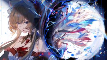 2girls absurdres bare_shoulders black_bow black_collar black_hair blood blood_from_mouth blood_on_chest blue_eyes bonnet bow brown_hair chinese_commentary closed_eyes closed_mouth collar columbina_(genshin_impact) commentary_request death detached_collar detached_sleeves dress empty_eyes eye_mask frilled_sleeves frills gem genshin_impact hair_ribbon head_wings highres long_hair mangzhi_yaoyao mask multicolored_hair multiple_girls purple_hair red_gem ribbon sandrone_(genshin_impact) strapless two-tone_hair upside-down white_dress white_ribbon wings