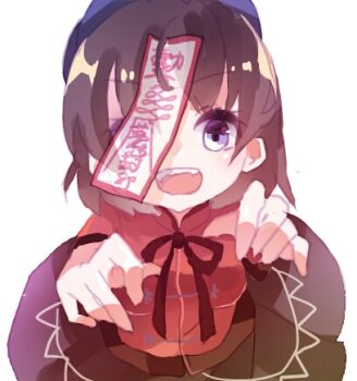 1girl black_hair black_ribbon black_skirt blue_eyes commentary_request cowboy_shot hat jiangshi looking_at_viewer lowres miyako_yoshika neck_ribbon ofuda ofuda_over_one_eye open_mouth outstretched_arms purple_hat red_shirt ribbon shinjitsu_no_kuchi shirt short_hair simple_background skirt smile solo touhou white_background zombie_pose