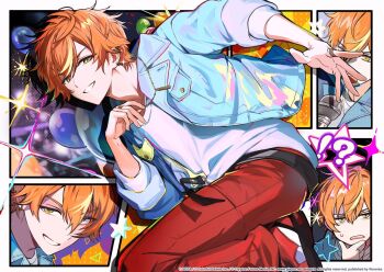 !? 1boy alternate_costume balloon belt black_belt blonde_streaks blue_jacket break_down_the_wall_(project_sekai) commentary_request copyright_notice ear_piercing grin guest_art hair_between_eyes jacket jewelry korean_commentary male_focus microphone multicolored_hair multiple_rings multiple_views necklace official_alternate_costume open_clothes open_jacket orange_hair pants piercing project_sekai red_pants ring second-party_source shinonome_akito shirt smile sparkle star_(symbol) sweatdrop teeth triangle two-tone_hair white_shirt yellow_eyes znjxlz