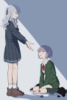 2girls bang_dream! bang_dream!_it's_mygo!!!!! blazer blood blue_hair blue_serafuku blue_shirt blue_skirt brown_eyes brown_footwear collared_shirt green_jacket green_skirt grey_hair hair_ribbon highres injury jacket kneehighs light_blue_hair looking_down looking_up medium_hair multiple_girls outstretched_arm paper pleated_skirt red_ribbon ribbon rock school_uniform scrape serafuku shadow shirt short_hair sidelocks sitting skirt smile socks takamatsu_tomori togawa_sakiko tsukinomori_school_uniform two-tone_background wariza wavy_hair white_shirt yang_miemie_benti yellow_eyes