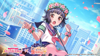 Rule 34 | 1girl, bang dream!, bang dream! girls band party!, black hair, blunt bangs, cosplay, crossover, flower wreath, head wreath, judgement armband (toaru), petals, red eyes, safety pin, sailor collar, sakugawa school uniform, school uniform, serafuku, short hair, summer uniform, toaru kagaku no railgun, toaru kagaku no railgun t, toaru majutsu no index, uiharu kazari, uiharu kazari (cosplay), ushigome rimi