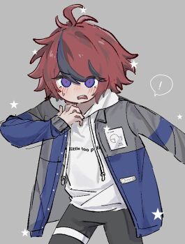 ! 1boy ahoge black_hair black_pants blue_eyes blue_jacket blush chinese_commentary clothes_writing commentary_request cowboy_shot drawstring english_text eyes_visible_through_hair grey_background grey_jacket hair_between_eyes highres hood hood_down hoodie jacket jacket_over_hoodie kanjianwoqingjiaowoquxiezuoye657 long_sleeves male_focus multicolored_hair multicolored_jacket open_clothes open_jacket open_mouth pants red_hair short_hair simple_background solo speech_bubble spoken_exclamation_mark star_(symbol) streaked_hair sumino_takumi sweat the_hundred_line_-last_defense_academy- thigh_strap two-tone_hair two-tone_jacket white_hoodie