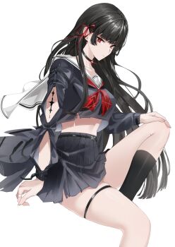 1girl absurdres arm_cutout black_choker black_hair black_serafuku black_skirt chisa_(wuthering_waves) choker closed_mouth clothing_cutout commentary crop_top foot_out_of_frame hair_ribbon hand_on_own_knee highres invisible_chair long_hair long_sleeves looking_at_viewer neckerchief red_eyes red_neckerchief red_ribbon ribbon sailor_collar school_uniform serafuku simple_background sitting skirt solo tacet_mark_(wuthering_waves) thigh_strap trixie_(trixiex33) white_background white_sailor_collar wuthering_waves