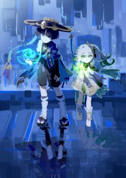 1boy 1girl absurdres anklet arm_at_side armlet asymmetrical_sidelocks belt black_belt black_bodysuit black_bow black_bridal_gauntlets black_hair black_sandals black_shorts blue_eyes blue_gem blue_hat blue_jingasa blue_kimono blunt_ends bodysuit bow bracelet braid bridal_gauntlets cape clenched_hand closed_mouth colored_tips cross-shaped_pupils detached_sleeves different_reflection dress dual_persona feathers gem genshin_impact gold gold_anklet gold_bracelet gold_trim green_cape green_eyes green_hair green_pupils green_sleeves hair_ornament hakama hakama_shorts half_crown_braid hand_on_own_chest hand_up hat hatsu_q highres indoors japanese_clothes jewelry jingasa juban kimono leaf leaf_hair_ornament leg_warmers long_hair looking_at_viewer multicolored_hair nahida_(genshin_impact) open_clothes open_hand open_kimono open_mouth pleated_shorts pointy_ears pom_pom_(clothes) reflection rukkhadevata_(genshin_impact) sandals scaramouche_(genshin_impact) short_dress shorts side_ponytail sidelocks sketch socks symbol-shaped_pupils toeless_legwear tsurime vision_(genshin_impact) vortex wanderer_(genshin_impact) white_dress white_hair white_kimono white_leg_warmers white_socks wind wispy_bangs yellow_feathers zouri