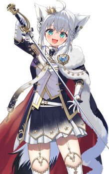 1girl ahoge animal_ear_fluff animal_ears aqua_eyes belt blue_jacket blue_skirt blush boots braid bun_with_braided_base cape crossed_bangs crown epaulettes extra_ears fox_ears fox_girl fox_tail fur-trimmed_cape fur_trim garter_straps gloves gold_crown gold_trim hair_between_eyes hair_bun half-skirt highres holding holding_sword holding_weapon hololive jacket layered_skirt looking_at_viewer mini_crown miniskirt necktie official_alternate_costume official_alternate_hairstyle open_mouth pentagram pleated_skirt red_cape shirakami_fubuki shirakami_fubuki_(fbkingdom) shirt short_hair side_braid side_cape sidelocks simple_background single_hair_bun skirt smile solo sword tail thighhighs tilted_headwear transparent_background unkai_amane virtual_youtuber weapon white_gloves white_necktie white_shirt white_skirt white_thighhighs