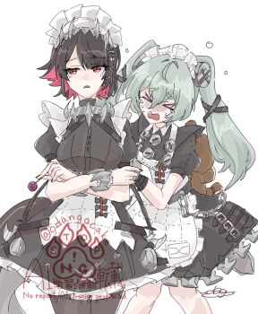 &gt;_&lt; 2girls animal_bag bear_bag black_dress black_hair breasts candy colored_inner_hair commentary_request corin_wickes cowboy_shot crossed_arms dress ellen_joe facing_viewer fins fish_tail food green_hair hair_between_eyes hair_ornament holding holding_candy holding_food holding_lollipop lollipop long_hair maid maid_headdress mole mole_under_eye multicolored_hair multiple_girls odangocake open_mouth red_eyes red_hair red_nails screw_hair_ornament shark_girl shark_tail sharp_teeth signature simple_background tail teeth twintails two-tone_hair white_background zenless_zone_zero