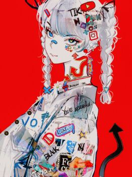 1girl bandaid bandaid_on_face bandaid_on_nose black_ribbon blue_eyes braid closed_mouth clothes_writing commentary cross-shaped_pupils demon_tail earrings english_text hair_ribbon instagram jacket jewelry john_kafka long_hair looking_at_viewer mismatched_pupils original red_background ribbon simple_background solo symbol-only_commentary symbol-shaped_pupils tail tiktok twin_braids upper_body white_hair white_jacket youtube
