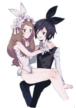 1boy 1girl a_164a84 black_eyes black_hair black_vest blush brown_hair calem_(pokemon) feet_out_of_frame grey_eyes hetero leotard looking_at_another nintendo pokemon pokemon_xy scrunchie serena_(pokemon) shirt simple_background sitting sitting_on_lap sitting_on_person vest white_background white_leotard white_shirt wrist_scrunchie