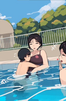 1boy 2girls age_difference akiyama_minato_(pepper0) akiyama_yuko_(pepper0) black_hair black_one-piece_swimsuit blue_sky breasts cloud day highres implied_sex incest large_breasts mother_and_son motion_lines multiple_girls one-piece_swimsuit onee-shota original outdoors partially_submerged pepper0 pool sex short_hair shota sky stealth_sex swimsuit water