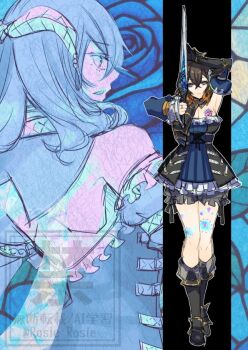 1girl armpits black_boots black_dress black_hair bloodstained:_ritual_of_the_night bloodstained_(series) boots breasts brown_hair cleavage dress from_behind full_body holding holding_sword holding_weapon large_breasts medium_hair miriam_(bloodstained) multicolored_hair multiple_views rosie_rosie solo_focus stained_glass strapless strapless_dress sword two-tone_hair upper_body watermark weapon
