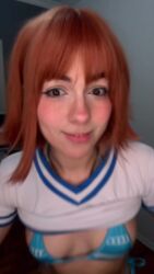 1girl alternate_costume animated aqua_bikini arms_up bikini bikini_under_clothes blue_bikini brazilian_(nationality) brown_eyes brown_hair chair character_doll close-up clothes_lift computer cosplay desk doll feet_out_of_frame female_focus freckles from_above grey_background highleg highleg_bikini highres indoors jewelry legs_together looking_at_viewer matching_hair/eyes miniskirt multicolored_bikini nami_(one_piece) nami_(one_piece)_(cosplay) nami_(one_piece)_(east_blue) nami_(one_piece)_(pre-timeskip) navel necklace nerokosplayer official_alternate_costume official_alternate_hair_length official_alternate_hairstyle one_piece orange_hair perspective photo_(medium) real_life shaking_head shirt shirt_lift short_hair short_sleeves skirt smile solo sound spinning standing striped_bikini striped_clothes striped_shirt swimsuit teeth tongue two-tone_bikini v-shaped_eyebrows video white_background yellow_skirt