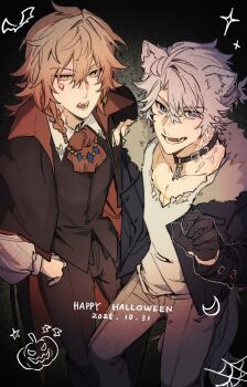 2boys antenna_hair bilingual_commentary black_choker black_coat black_gloves black_jacket black_pants black_shirt blonde_hair blue_eyes braid chain chain_leash choker coat commentary commentary_request english_commentary facial_tattoo fur-trimmed_jacket fur_trim gloves gradient_hair grey_pants halloween halloween_costume highres honkai:_star_rail honkai_(series) jacket leash male_focus medium_hair mixed-language_commentary multicolored_hair multiple_boys mydei_(honkai:_star_rail) neck_tattoo oshoyu_(aree9) pants parted_bangs phainon_(honkai:_star_rail) red_hair red_tattoo shirt short_hair side_braid sun_symbol sun_tattoo tan tattoo torn_clothes torn_shirt white_hair white_shirt yellow_eyes