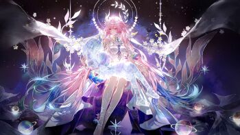 2girls absurdres bare_shoulders blue_hair breasts cyrene_(aedes_elysiae)_(honkai:_star_rail) cyrene_(honkai:_star_rail) cyrene_(ripples_of_past_reverie)_(honkai:_star_rail) dress dual_persona fengjian_yuzhi flower hair_flower hair_ornament halo highres honkai:_star_rail honkai_(series) incredibly_absurdres large_breasts multicolored_hair multiple_girls on_swing planetary_ring planted pointy_ears sky space star_(sky) starry_sky swing two-tone_hair white_dress