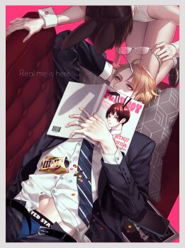 Rule 34 | 2boys, absurdres, america (hetalia), animal ears, arm behind head, axis powers hetalia, barcode, belt, black belt, black hair, black jacket, black pants, black shoes, blonde hair, blue eyes, blue male underwear, blue necktie, border, buttons, cellphone, commentary request, couch, covered mouth, crossdressing, crossdressing (mtf), english text, fake animal ears, fingernails, formal clothes, glasses, grey-framed eyewear, hair between eyes, hand up, highres, holding, holding magazine, holding removed eyewear, jacket, japan (hetalia), lapels, leotard, long sleeves, looking at another, looking up, lying, m&amp;m's, magazine (object), male focus, male underwear, multiple boys, navel, necktie, npyon, on back, on couch, open clothes, open jacket, open pants, pants, phone, pillow, pink background, playboy bunny, rabbit ears, shirt, shoes, short hair, simple background, smartphone, socks, strapless, strapless leotard, striped clothes, striped jacket, striped necktie, striped pants, suit, suit jacket, underwear, unworn eyewear, white border, white leotard, white shirt, white socks, wrist cuffs, yaoi